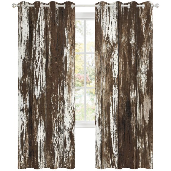 Dark Wood Planks Sheer Curtains 96 Inch Long 2 Panels, Rustic Distressing Brown Timber Grain Vintage Light Filtering Semi Sheer Drapes Grommet Voile Window Curtain for Living Bedroom W52 x L96
