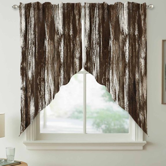 Dark Wood Planks Swag Curtain Valances for Kitchen, Rustic Distressing Brown Timber Grain Vintage Rod Pocket Curtains Window Treatment Swag Valance for Bedroom Bathroom, 2 Panels 36 x 63 Inch