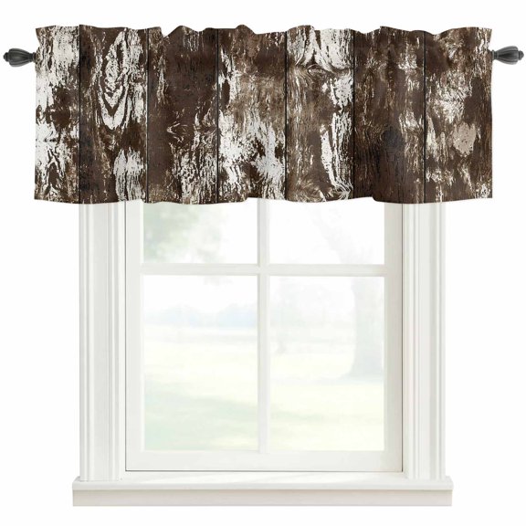 Dark Wood Planks Valances for Windows 42x 18in Rustic Distressing Brown Timber Grain Vintage Rod Pocket Kitchen Valance Curtain Light Filtering Window Treatments for Living Room Bedroom, 1 Panel