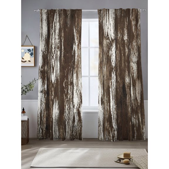 Dark Wood Planks Window Sheer Curtain Rustic Distressing Brown Timber Grain Vintage Semi Curtain Sheers Light Filtering Rod Pocket Voile Drapes for Bedroom Kitchen Living Room 52 X 108 Inch, 2 Panels