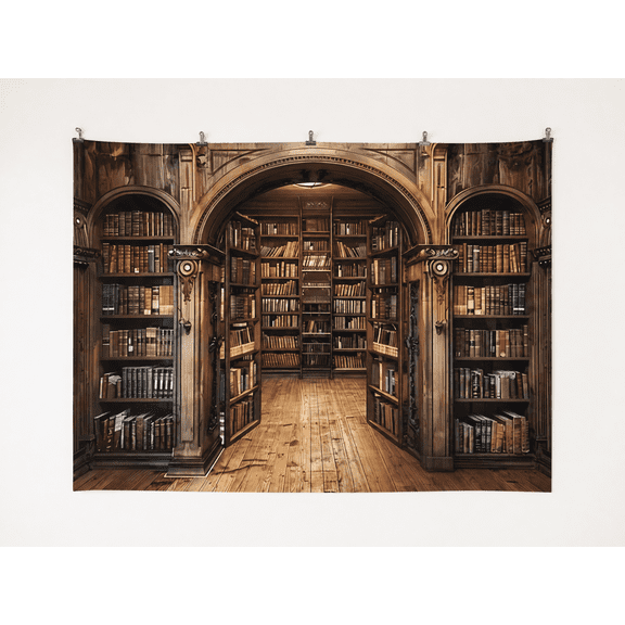 Dark Wooden Arched Library Printed Backdrop, 210 x 150 cm