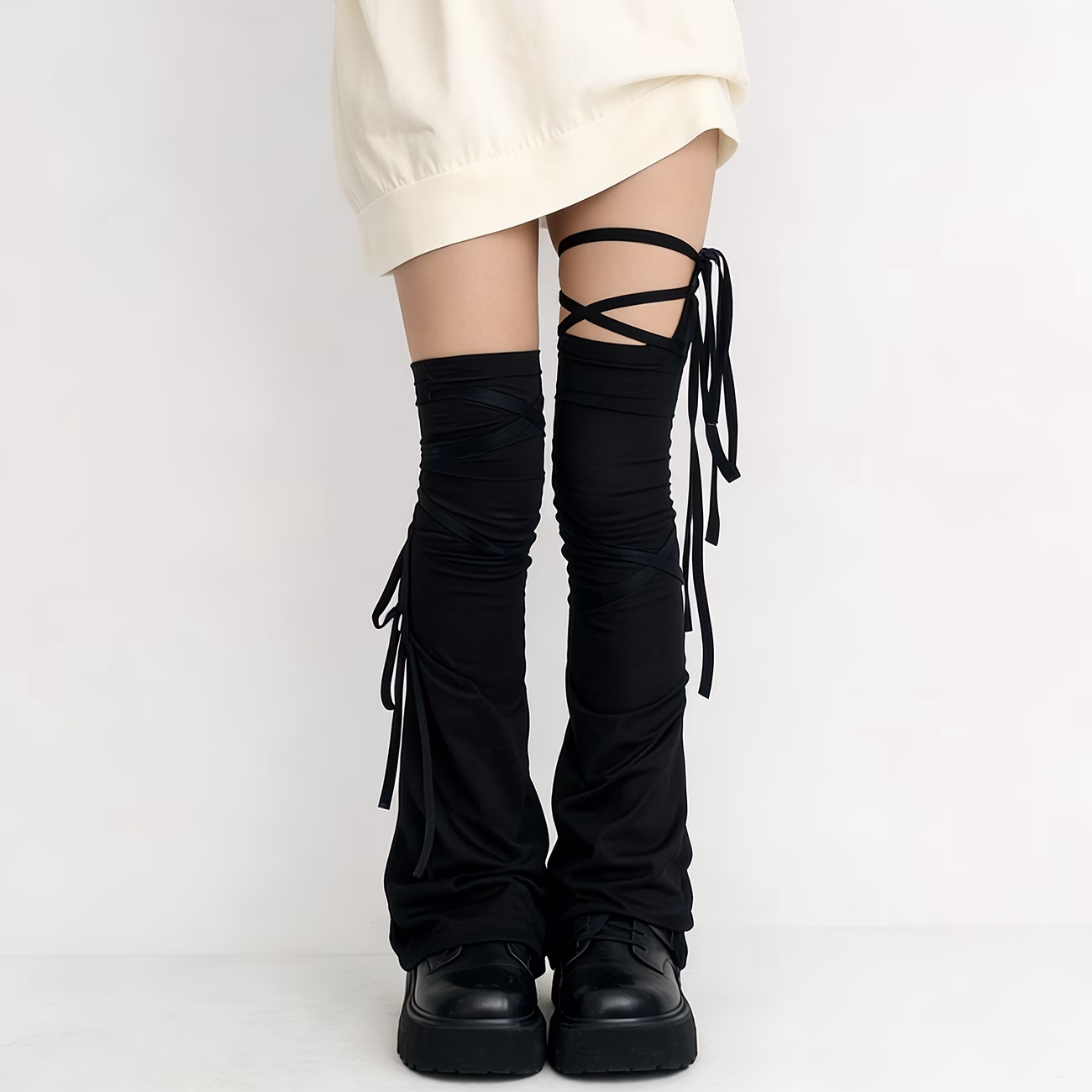 Dark Y2K Style Lace-Up Over Knee Socks Wide Foot Gothic Spicy High Street Design Thigh High Lace Stockings Loose Leg Warmers Socks