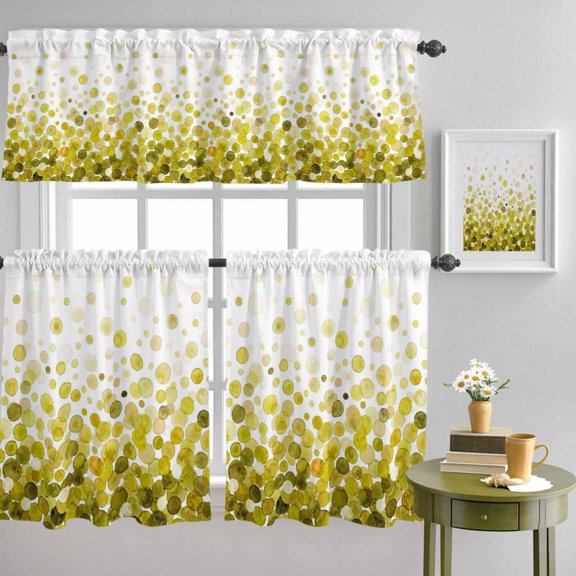 Dark Yellow Bubbles Gradient Curtain Tier and Valance Set 3 Piece, Watercolor Polka Dot 3-inch Rod Pocket Window Tier Curtains Valance for Kitchen Living Room