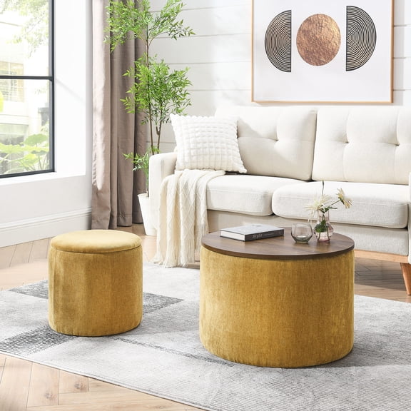 Dark Yellow Round Storage Footstool / Easy to Clean for Daily Use