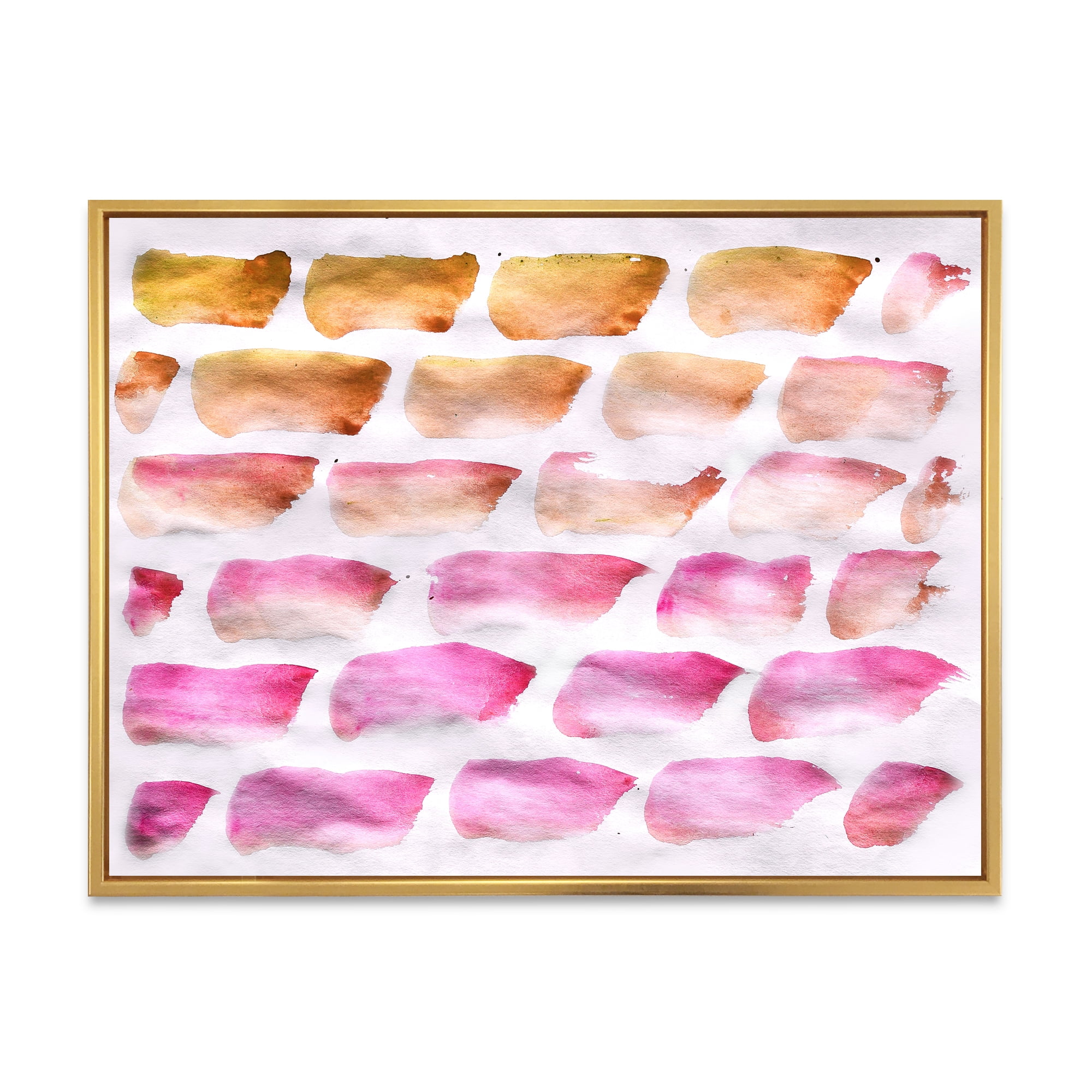 Dark Yellow and Pink Abstracts Brushes 32 in x 24 in Framed Painting Canvas Art Print, by Designart