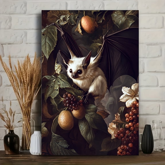 Dark aesthetic canvas poster, albino fruit bat and floral design painting, vintage gothic botanical canvas wall art mural decor, bedroom, office, living room, wall decor, home and dorm decor