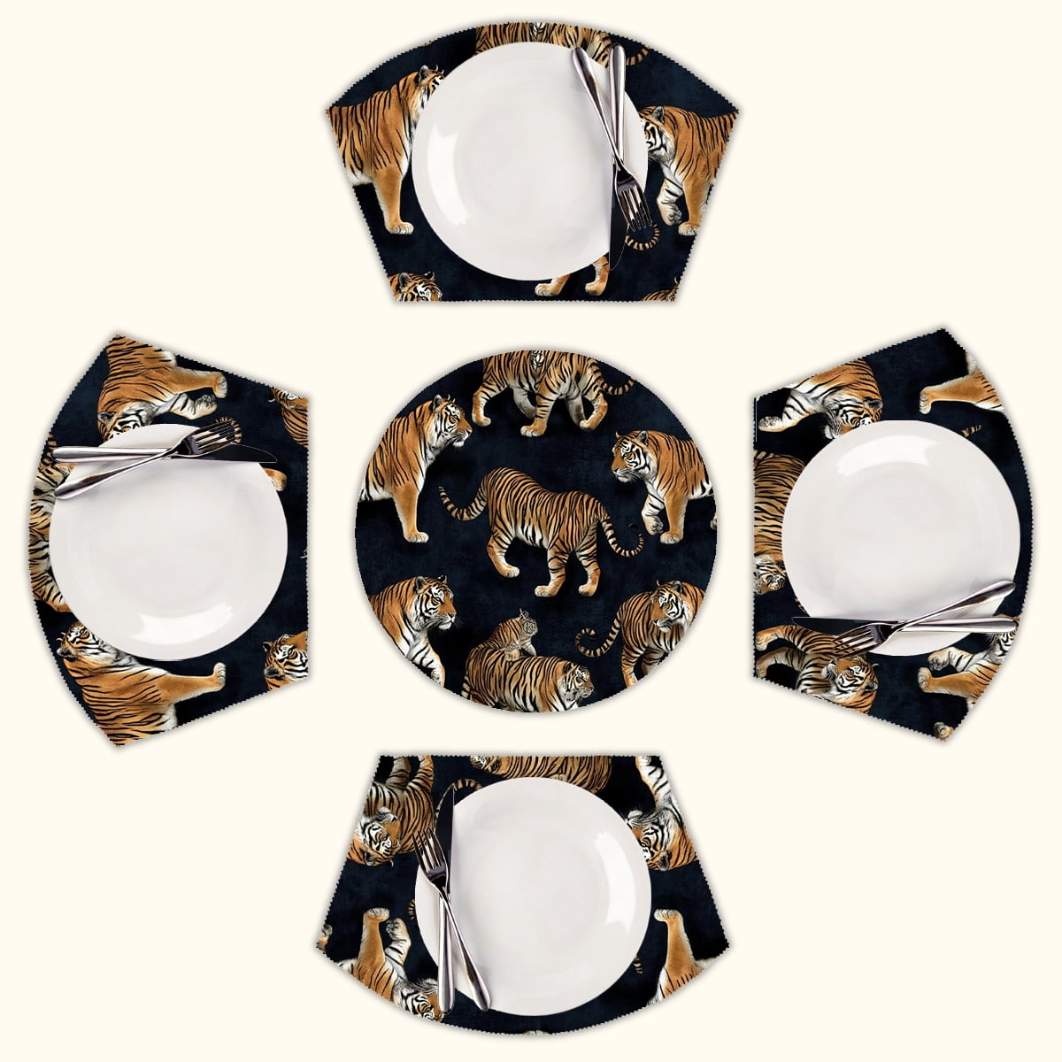 Dark background tiger print fabric Round Table Placemats Set Of 5 Wedge ...