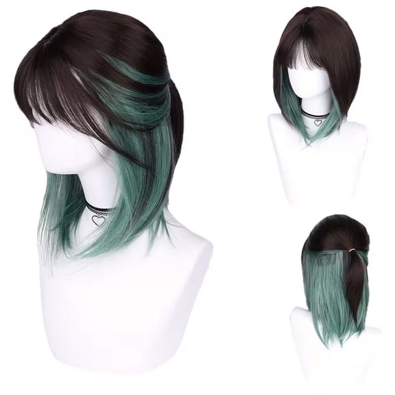 Dark black and green mixed color 16-inch short straight bob wig with bangs (headgear not included), suitable for Halloween, Christmas, cosplay and party occasions