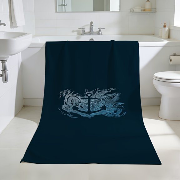 Dark blue trendy wind beach towel: anchor and wave pattern, comfortable water absorption, a must for the sea, suitable for yoga, diving, summer travel, vacation, bathroom decoration