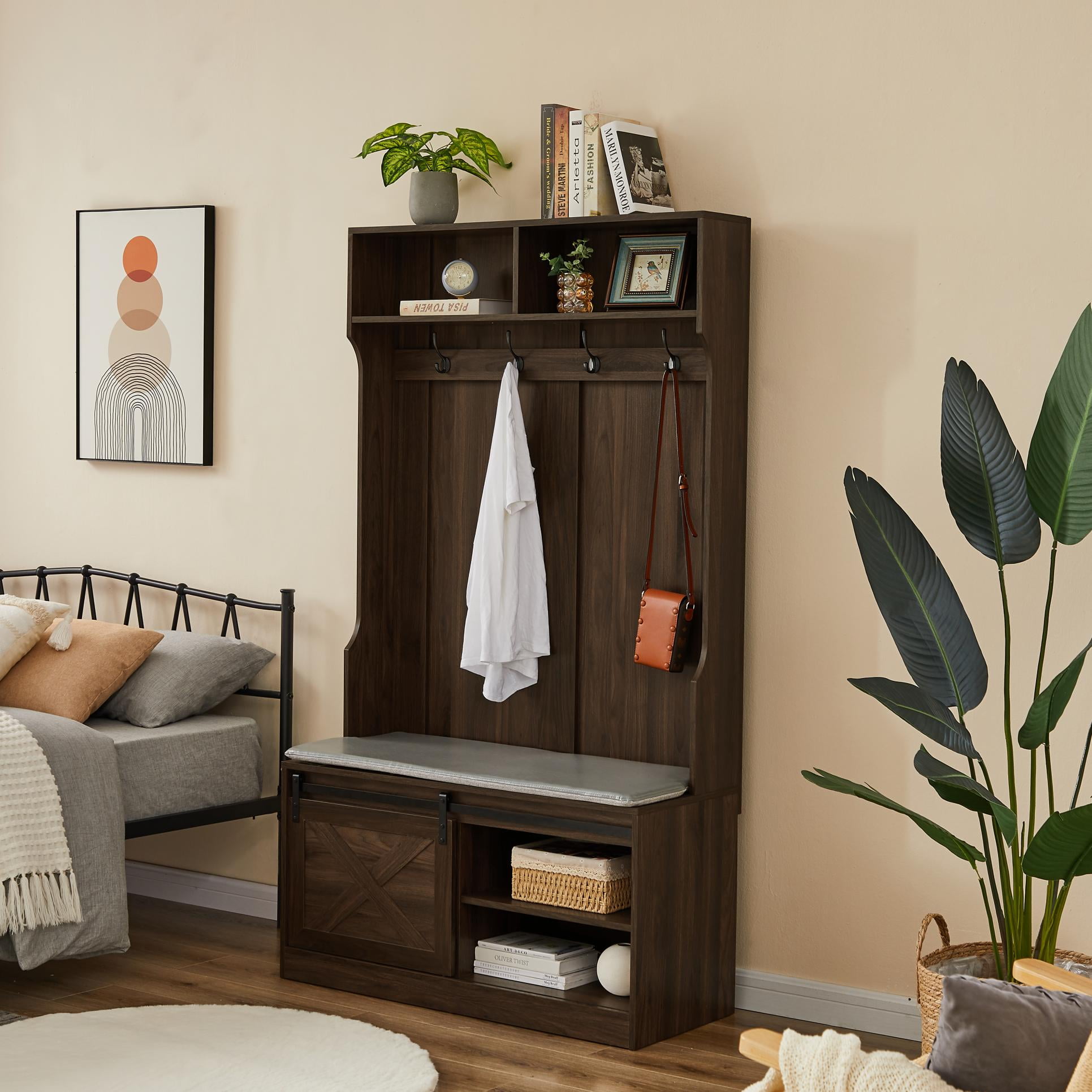 Dark brown Column Coat Rack with Storage Shoe Cabinet Walmart