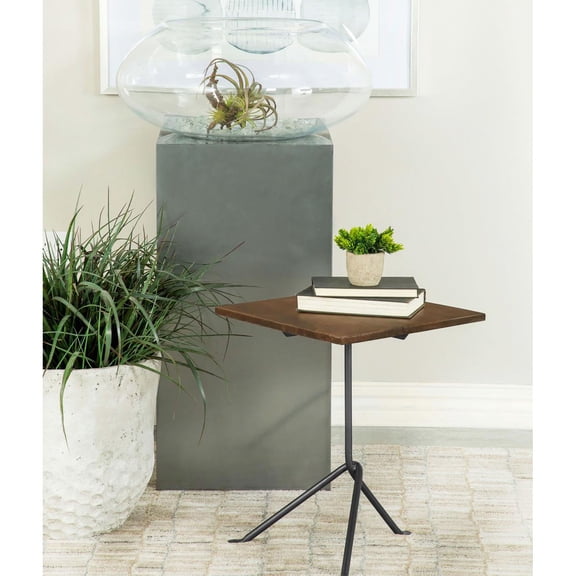 Dark brown square mango wood accent table with gunmetal tripod legs for primary living space adds industrial style