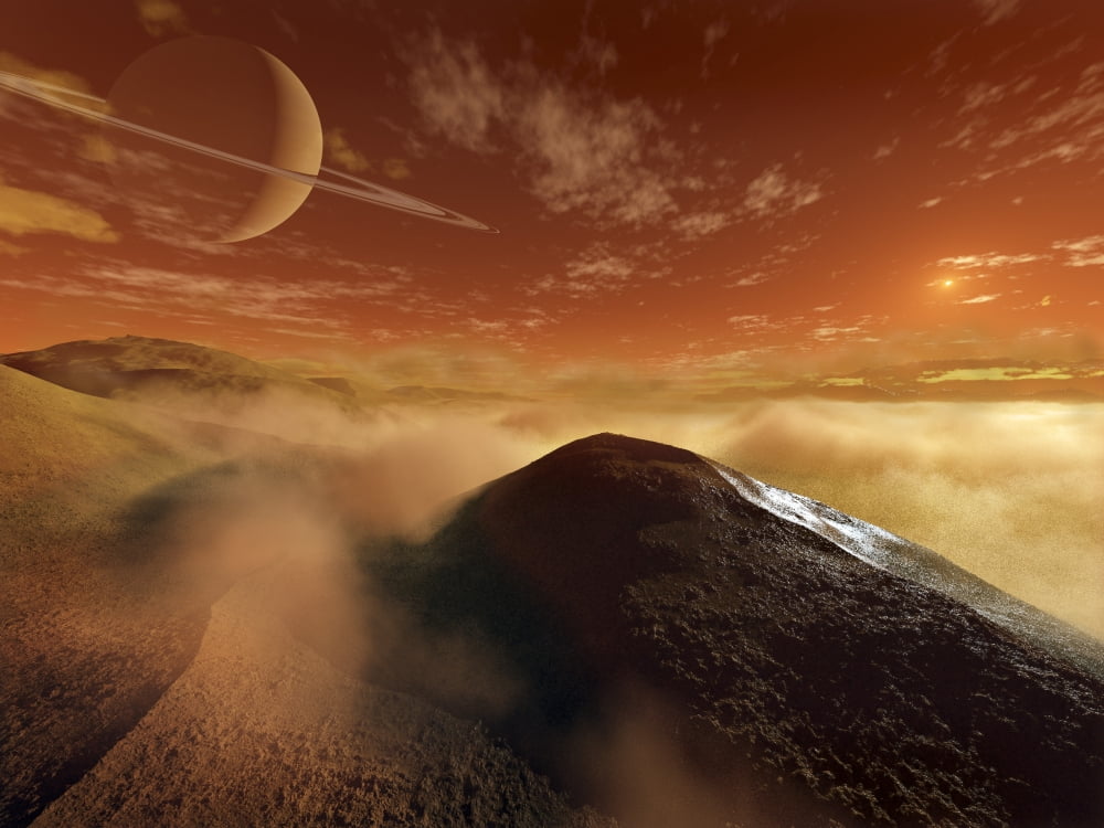 Dark dunes are shaped by the moons winds on the surface of Titan Canvas Art - Steven HobbsStocktrek Images (33 x 25)