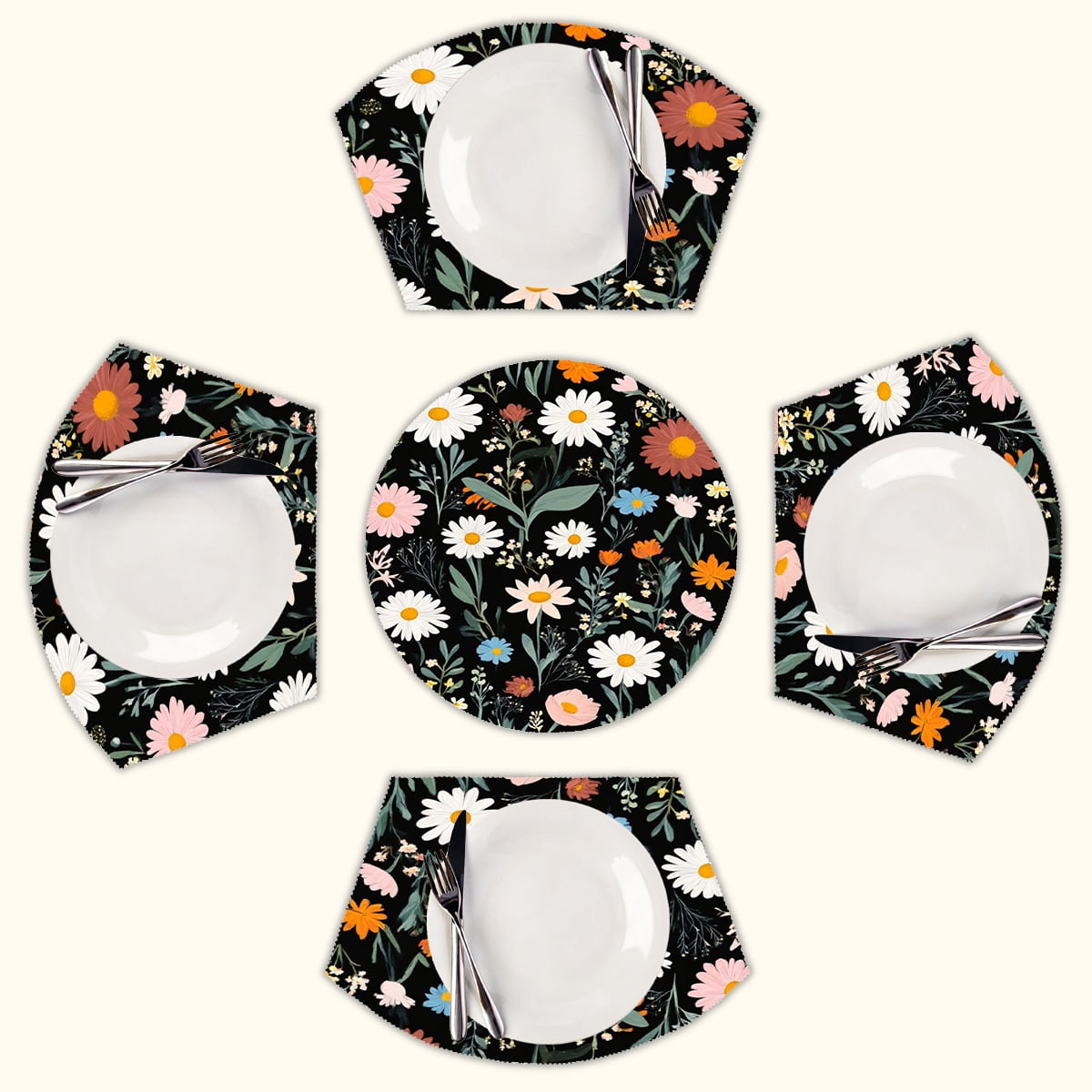 Dark floral print blooming beauty Round Table Placemats Set Of 5 Wedge ...