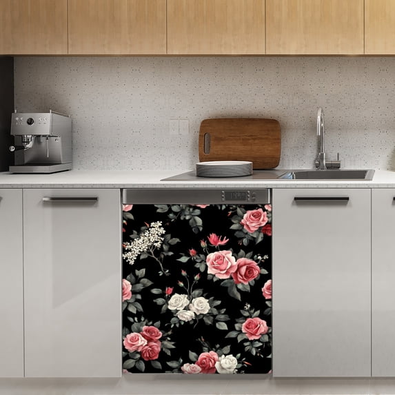 Dark floral rose pattern repeat(2) Dishwasher Magnet Cover Decorative Sticker for Home Cabinet Kitchen 23" x26"