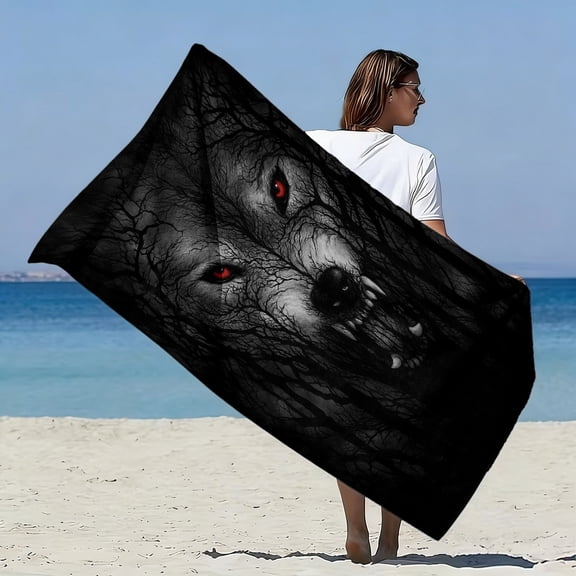Dark forest wolf head style oversized soft beach towel, wolf head branch printing pattern, microfiber bath towel, fast drying, super water absorption, suitable for seaside vacation, outdoor camping