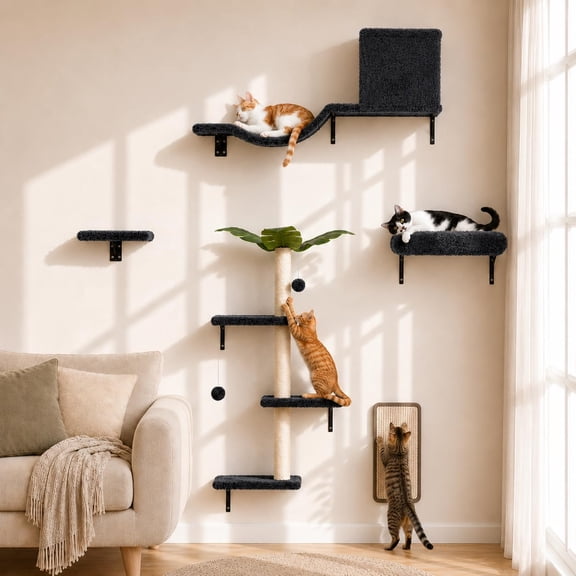 Dark gray 5-in-1 Cat Wall Shelves Mounted Climbing Perch & Lounge for 16 Inch Drywall