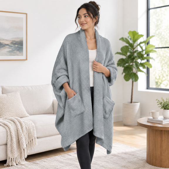 Dark-gray Unisex Sherpa Wearable Blanket Poncho Shawl Cape Wrap for Adults