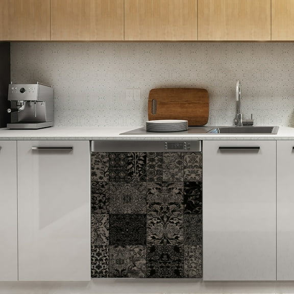 Dark gray patterned patchwork quilt Dishwasher Magnet Cover Decorative Sticker for Home Cabinet Kitchen 23" x26"