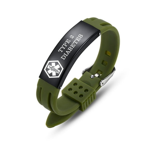 Dark green Sport Silicone Medical Bracelets Adjustable Waterproof Medical ID Alert Bracelets for Men Women Type 2 diabetes