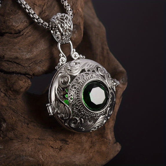 Dark green diamond silver round box necklace,Silver