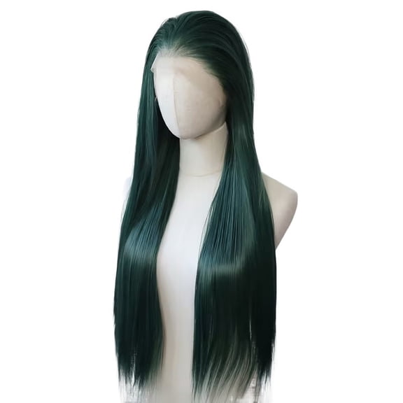 Dark green honey brown highlighted long straight hair wig for women, 13x4 inch high-definition lace front top, heat-resistant synthetic fiber, natural style