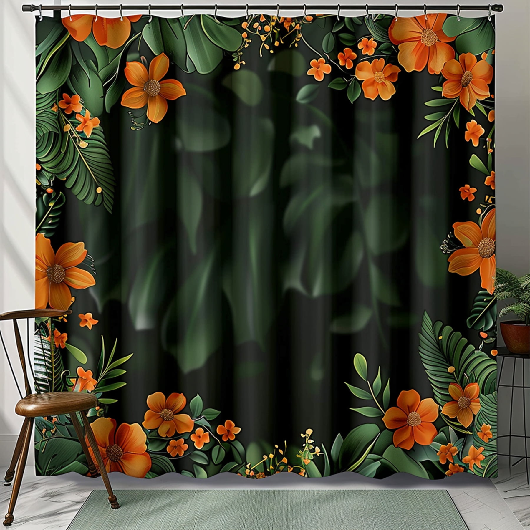 Dark green shower curtain with hyper realistic floral border featuring