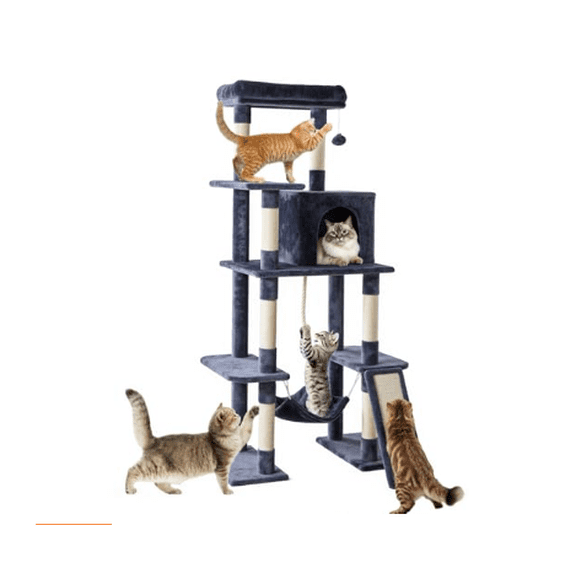 Dark grey 63-inch Multi-Level Cat Tree Tower — Large Cat Climbing Tower with Sisal Scratching Posts, Extended Platforms & Hammock — Natural