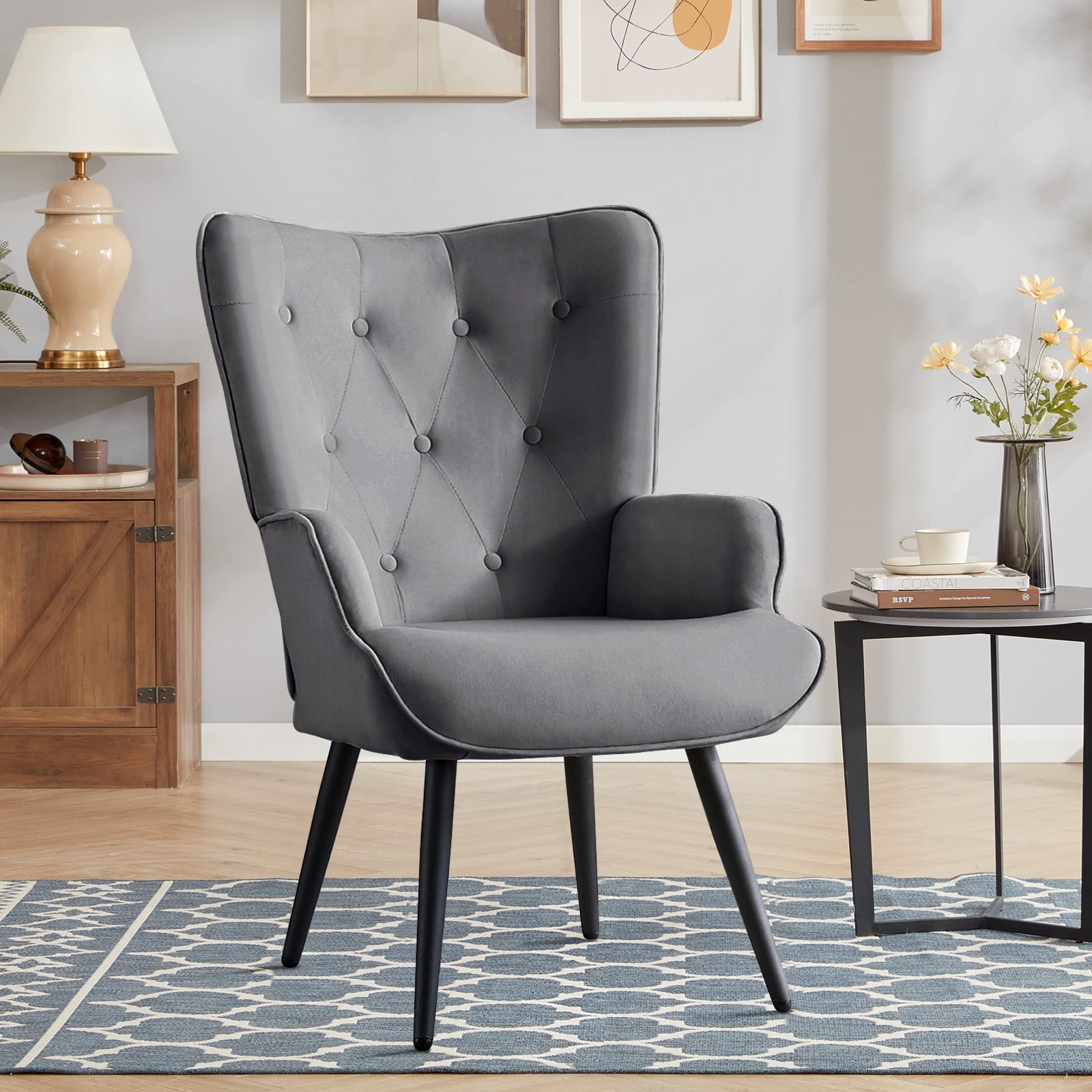 Dark grey Velvet Accent Chair Mid Century Modern Living Room