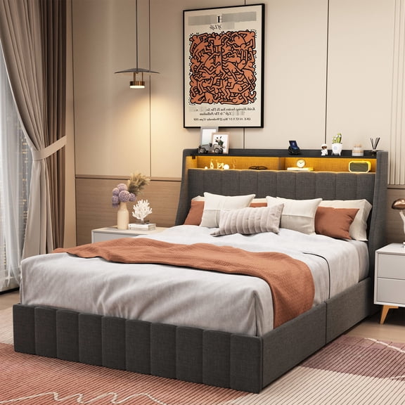 Dark grey queen size bed frame with LED and quick - lock assembly for a time - saving bedroom install