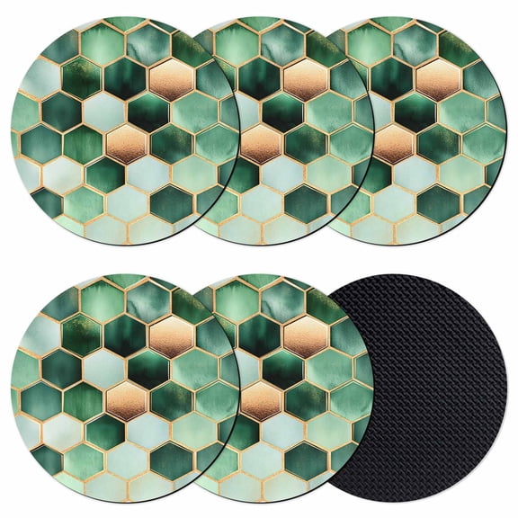 Dark&nbsp;Green Marble Coasters for Drinks,Absorbent Non Slip Rubber Drink Coasters Set of 6 for Cup,Table,Bar,Home Decor, Gold Hexagon Geometric Modern Pattern