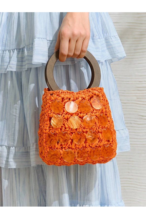 Dark orange Top Handle Bag With Wooden Circular Handle And Resin Discs