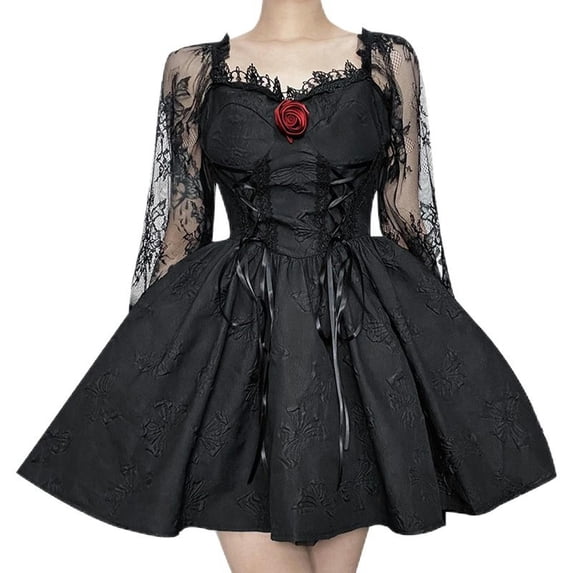 Dark style princess dress with princess sleeves and slim-fitting three-dimensional floral lace dress for women - black - S