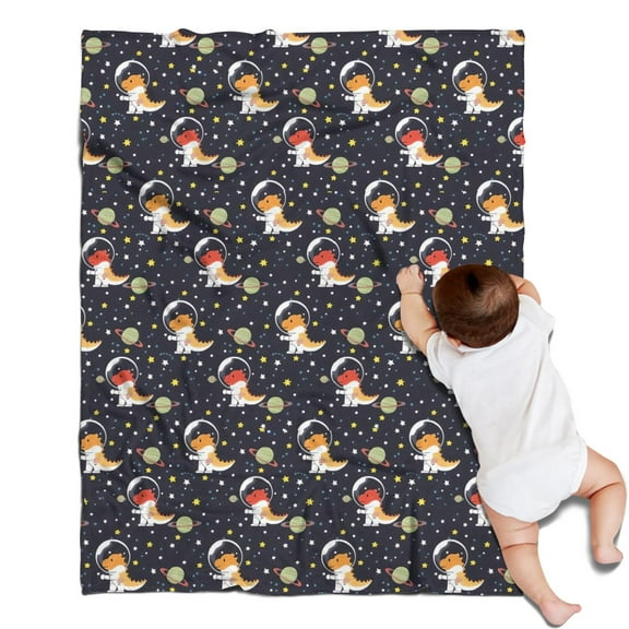 DarkBlue Cartoon Dinosaurs Astronauts Pattern Blanket,Comfortable Soft Flannel Throw Blanket,All Season,Warm Lightweight Blankets for Sofa Bed Couch Living Room Chair,30"x40"
