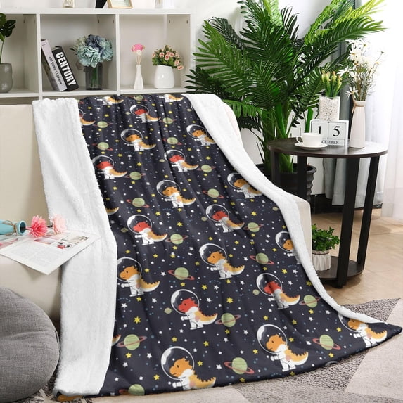 DarkBlue Cartoon Dinosaurs Astronauts Pattern Blanket,Comfortable Soft Flannel Throw Blanket,All Season,Warm Lightweight Blankets for Sofa Bed Couch Living Room Chair,40"x50"