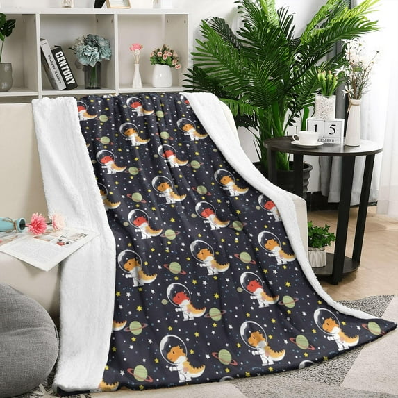 DarkBlue Cartoon Dinosaurs Astronauts Pattern Blanket,Comfortable Soft Lamb Wool Throw Blanket,All Season,Warm Lightweight Blankets for Sofa Bed Couch Living Room Chair,50"x60"