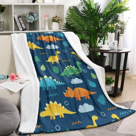 DarkBlue Cartoon Dinosaurs Leaves Clouds Pattern Blanket,Comfortable Soft Flannel Throw Blanket,All Season,Warm Lightweight Blankets for Sofa Bed Couch Living Room Chair,60"x80"