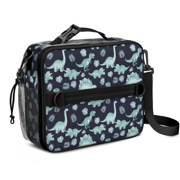 DarkBlue Cartoon Dinosaurs Leaves Pattern Bento School Insulated Lunch Bag Box with Shoulder Strap and Bottle Holder, 11" X 9.5" X 3.5"
