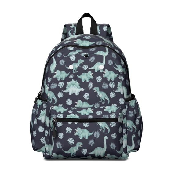DarkBlue Cartoon Dinosaurs Leaves Pattern Cute School Backpack with Padded Back and Adjustable Shoulder Straps 13.4"x11"x4.7"