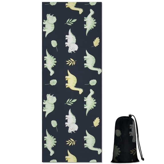 DarkBlue Cartoon Dinosaurs Leaves Pattern Hot Yoga Mat Towel Non Slip for Hot Yoga - Quick-Drying Yoga Mat Cover with 4 Corner Pockets with Travel Bag - Hot Yoga Towel Non Slip 74"x26"