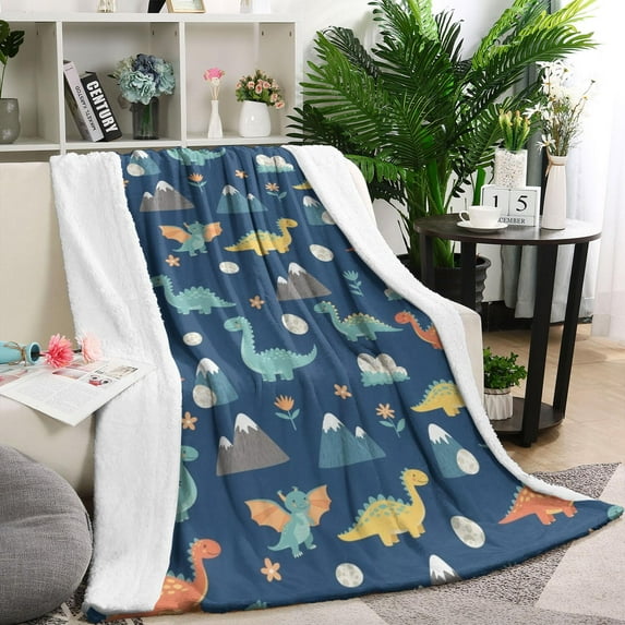 DarkBlue Cartoon Dinosaurs Mountains Eggs Pattern Blanket,Comfortable Soft Lamb Wool Throw Blanket,All Season,Warm Lightweight Blankets for Sofa Bed Couch Living Room Chair,40"x50"
