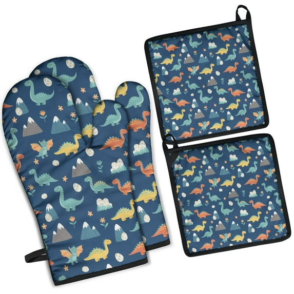 DarkBlue Cartoon Dinosaurs Mountains Eggs Pattern Kitchen Oven Mitt and Pot Holder Sets 4 Pcs for Baking, Cooking and Grilling, Heat Resistant Up To 392 °F