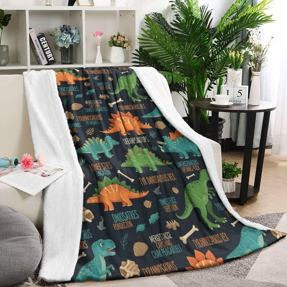 DarkBlue Cartoon Dinosaurs Names Pattern Blanket,Comfortable Soft Lamb Wool Throw Blanket,All Season,Warm Lightweight Blankets for Sofa Bed Couch Living Room Chair,60"x80"