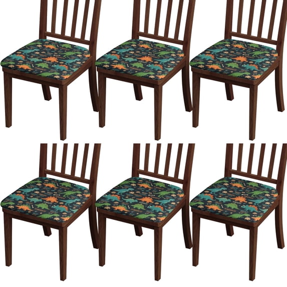 DarkBlue Cartoon Dinosaurs Names Pattern Seat Covers for Dining Room Chairs Set Of 4,Stretch Printed Washable Chair Seat Cover with Elastic Ties and Button,Removable Waterproof Couch Cushion Covers