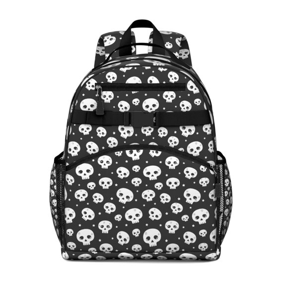 Black White Tiny Skull Pattern Backpack for School,Cute School Bag,Schoolbag with Adjustable Shoulder Straps & Padded Back,15.25"x11.5"x5.25"