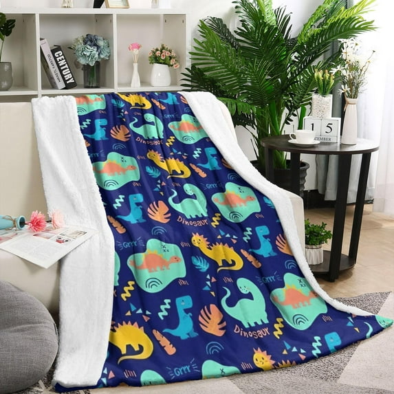DarkBlue Cartoon Dinosaurs Pattern Blanket,Comfortable Soft Flannel Throw Blanket,All Season,Warm Lightweight Blankets for Sofa Bed Couch Living Room Chair,60"x80"