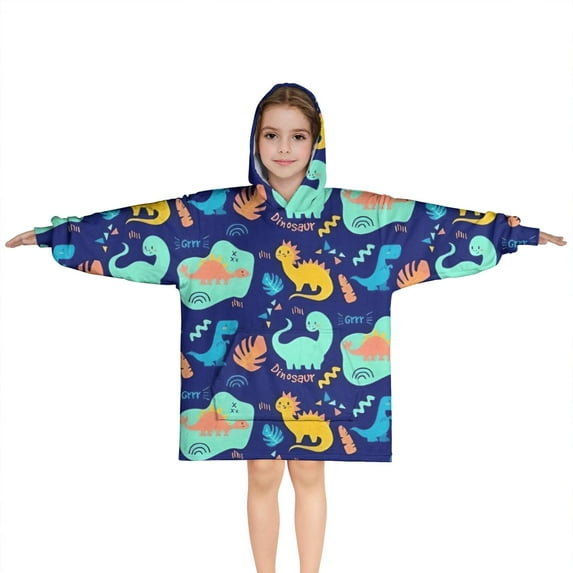 DarkBlue Cartoon Dinosaurs Pattern Blanket Hoodies for Kids 6-13YR Oversize Wearable Blanket Hoodies for Boys Girls Teens
