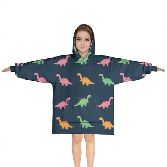 DarkBlue Cartoon Dinosaurs Pattern Blanket Hoodies for Kids 6-13YR Oversize Wearable Blanket Hoodies for Boys Girls Teens