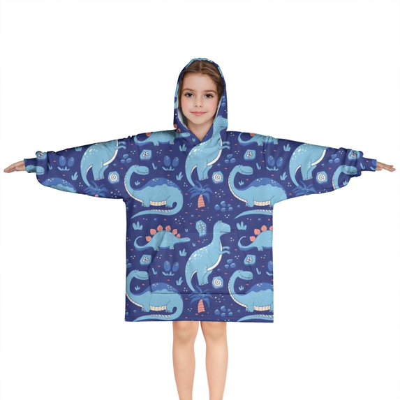 DarkBlue Cartoon Dinosaurs Pattern Blanket Hoodies for Kids 6-13YR Oversize Wearable Blanket Hoodies for Boys Girls Teens