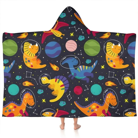 DarkBlue Cartoon Dinosaurs Planets Pattern Hooded Bath Towel,60"x35" for Ages 3 To 12 Kids, Quick Dry Lightweight Soft Microfiber Hood Beach Towel Cover Up for Kids