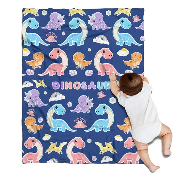 DarkBlue Cartoon Dinosaurs Rainbow Volcanoes Pattern Blanket,Comfortable Soft Flannel Throw Blanket,All Season,Warm Lightweight Blankets for Sofa Bed Couch Living Room Chair,30"x40"